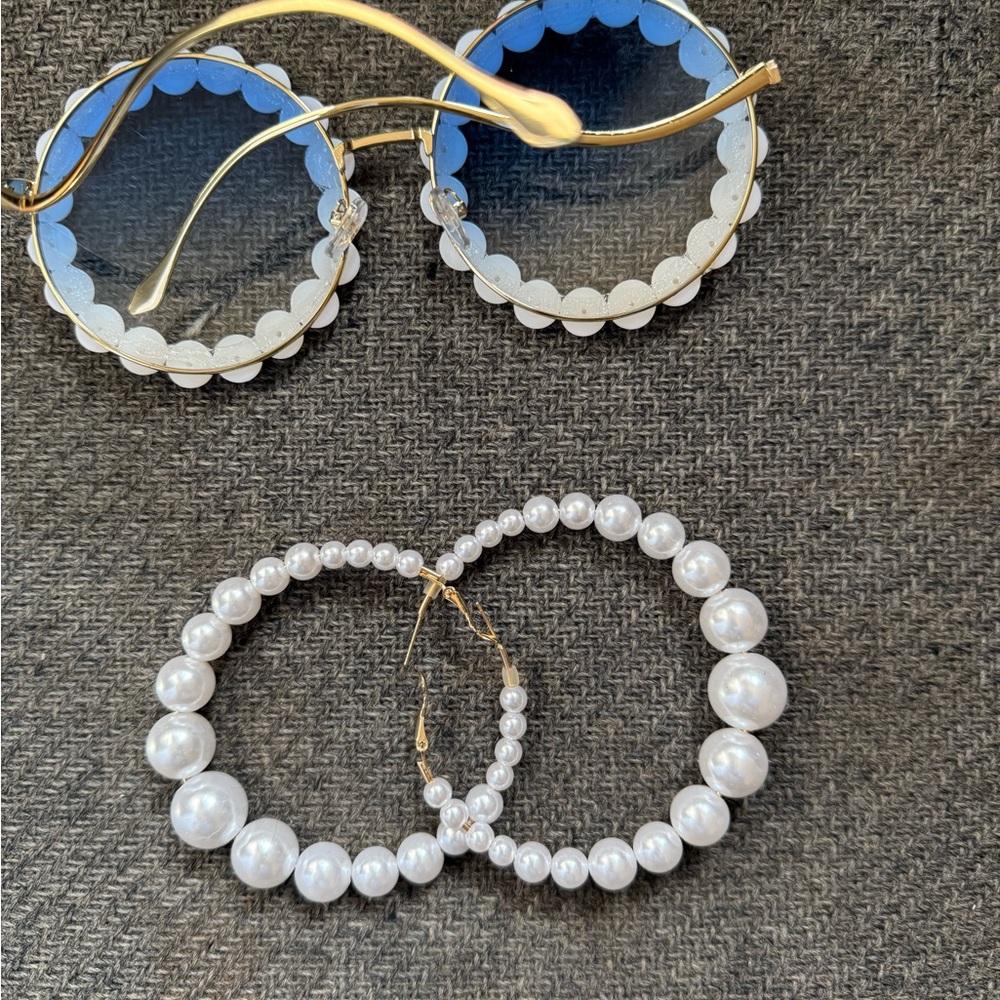 Pearl-Embellished Round Sunglasses and Earrings Set - Picture 2 of 5